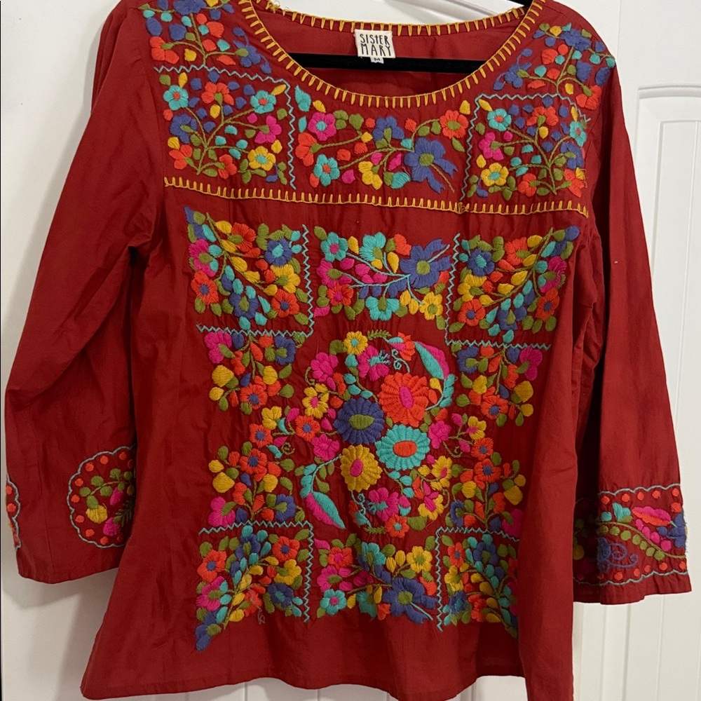 Sister May Red Embroidered Floral Tunic Top